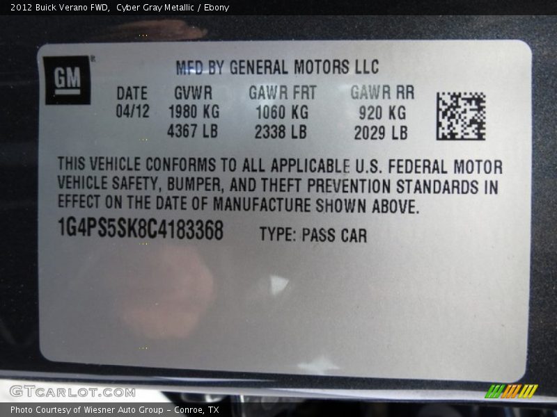 Cyber Gray Metallic / Ebony 2012 Buick Verano FWD