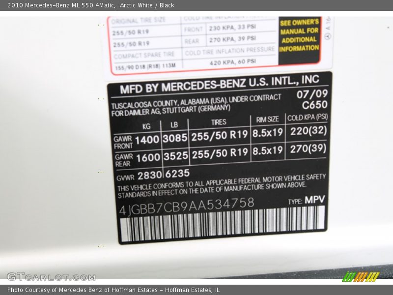 Arctic White / Black 2010 Mercedes-Benz ML 550 4Matic