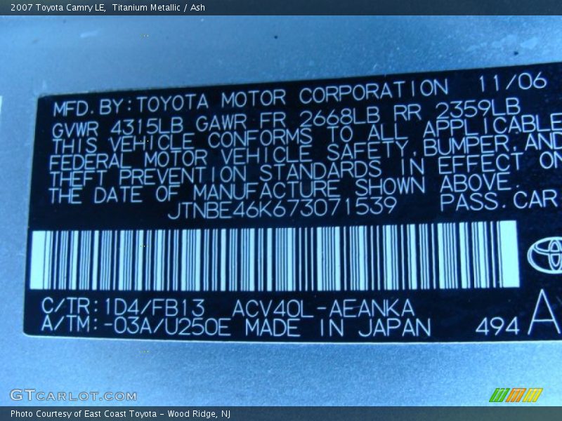 Titanium Metallic / Ash 2007 Toyota Camry LE