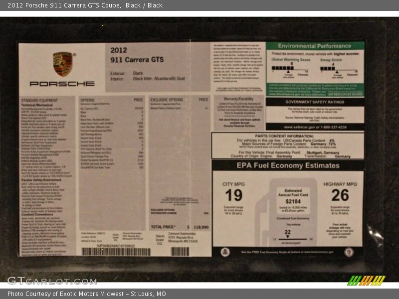  2012 911 Carrera GTS Coupe Window Sticker