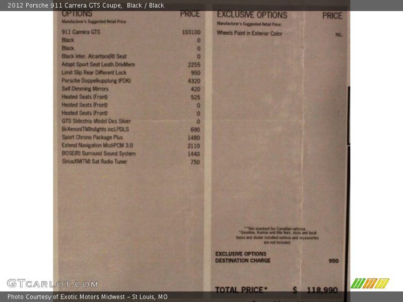  2012 911 Carrera GTS Coupe Window Sticker