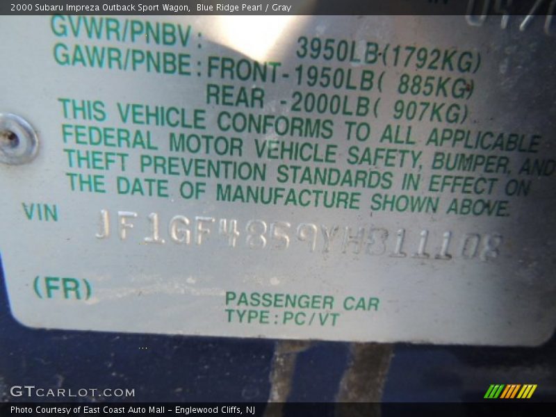 Blue Ridge Pearl / Gray 2000 Subaru Impreza Outback Sport Wagon