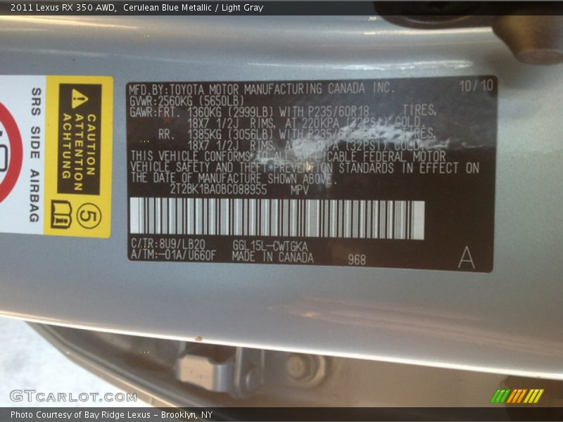 Cerulean Blue Metallic / Light Gray 2011 Lexus RX 350 AWD