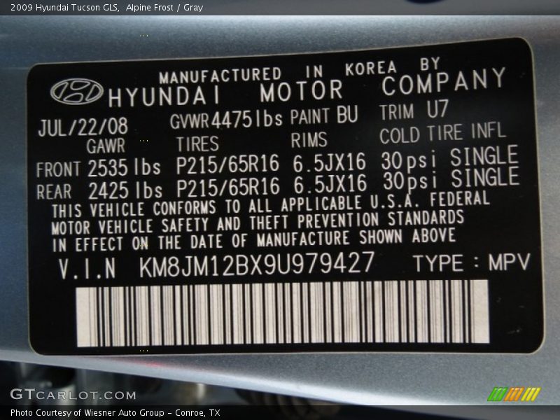 Alpine Frost / Gray 2009 Hyundai Tucson GLS
