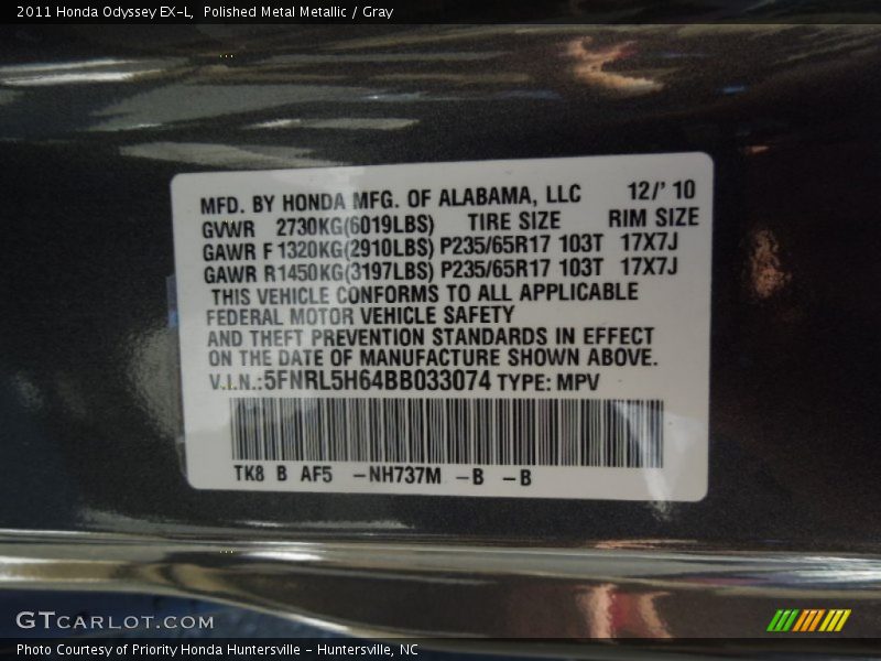 Polished Metal Metallic / Gray 2011 Honda Odyssey EX-L