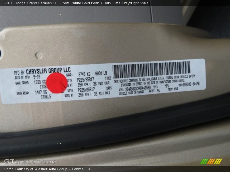 White Gold Pearl / Dark Slate Gray/Light Shale 2010 Dodge Grand Caravan SXT Crew