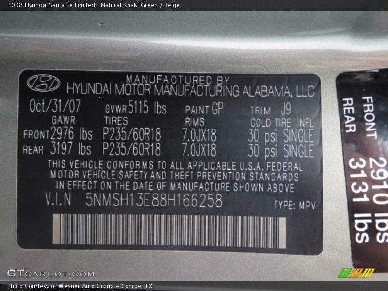 Natural Khaki Green / Beige 2008 Hyundai Santa Fe Limited