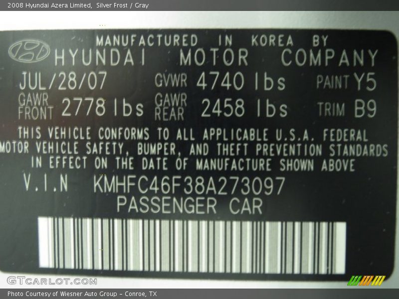 Silver Frost / Gray 2008 Hyundai Azera Limited