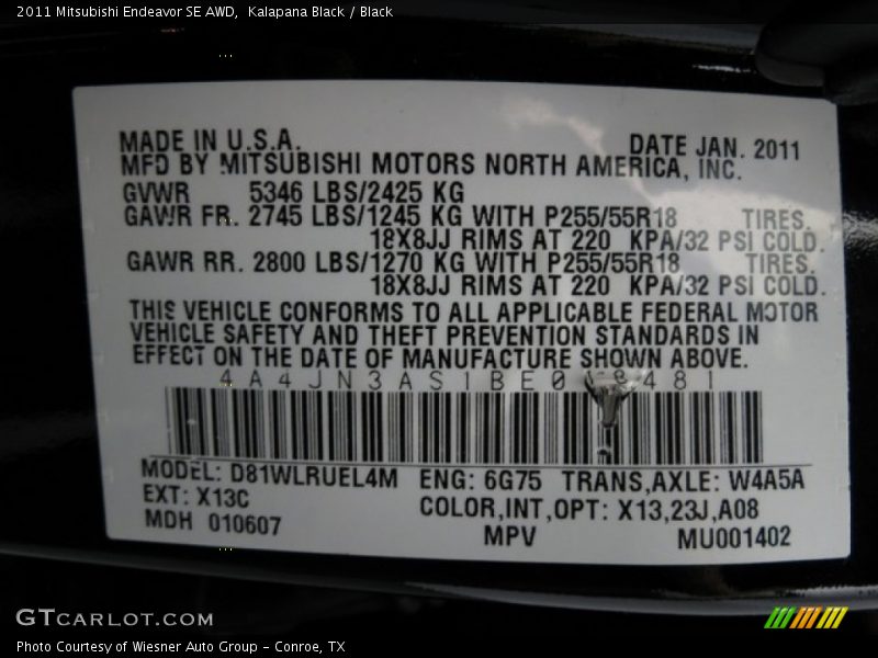 2011 Endeavor SE AWD Kalapana Black Color Code X13