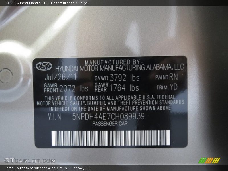 Desert Bronze / Beige 2012 Hyundai Elantra GLS