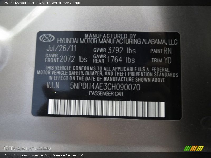 Desert Bronze / Beige 2012 Hyundai Elantra GLS
