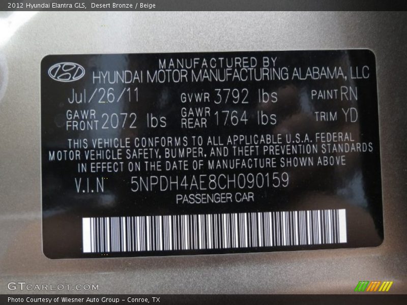 Desert Bronze / Beige 2012 Hyundai Elantra GLS