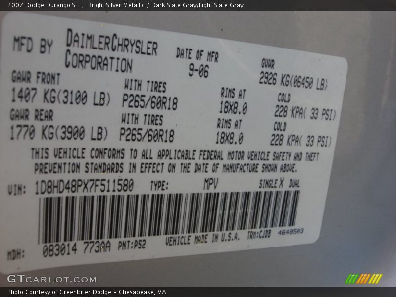 Bright Silver Metallic / Dark Slate Gray/Light Slate Gray 2007 Dodge Durango SLT