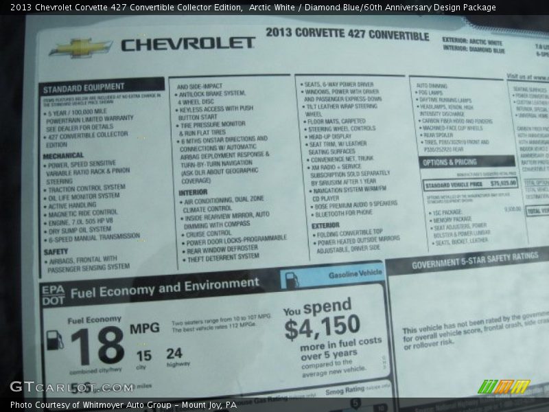  2013 Corvette 427 Convertible Collector Edition Window Sticker