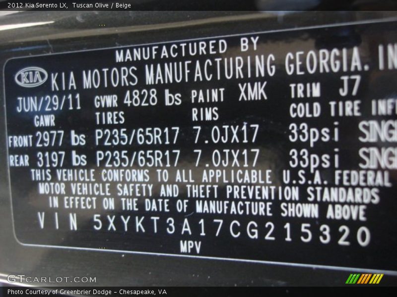 Tuscan Olive / Beige 2012 Kia Sorento LX