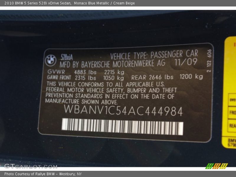 Monaco Blue Metallic / Cream Beige 2010 BMW 5 Series 528i xDrive Sedan