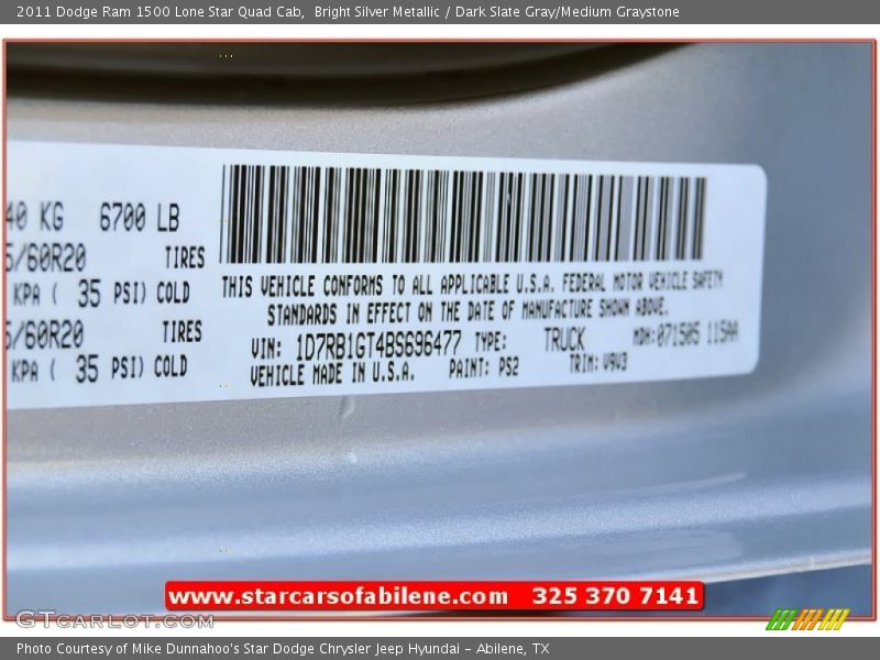 Bright Silver Metallic / Dark Slate Gray/Medium Graystone 2011 Dodge Ram 1500 Lone Star Quad Cab