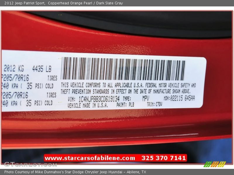 Copperhead Orange Pearl / Dark Slate Gray 2012 Jeep Patriot Sport