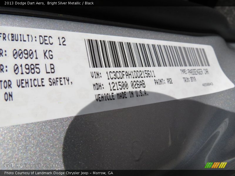 Bright Silver Metallic / Black 2013 Dodge Dart Aero