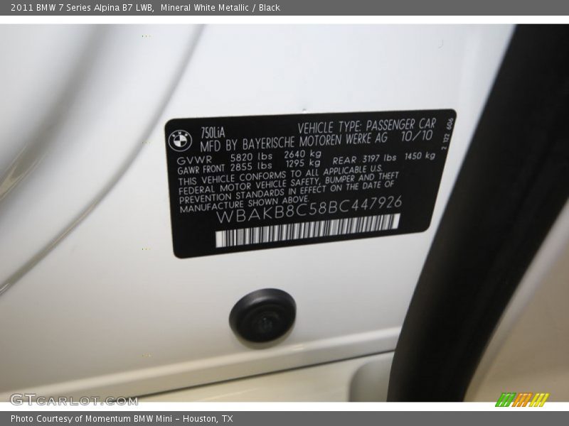Info Tag of 2011 7 Series Alpina B7 LWB