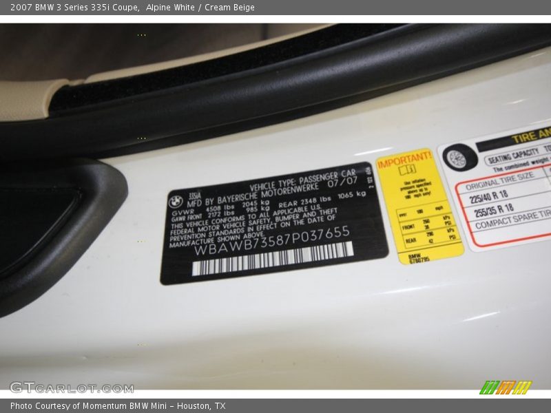 Alpine White / Cream Beige 2007 BMW 3 Series 335i Coupe
