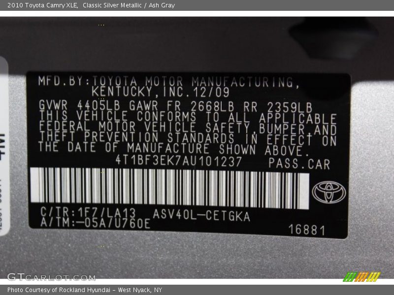 2010 Camry XLE Classic Silver Metallic Color Code 1F7