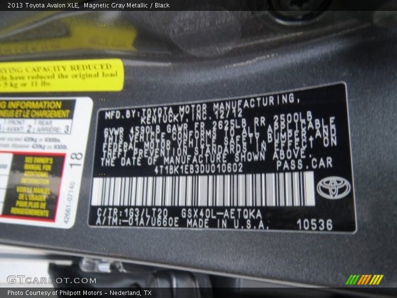 2013 Avalon XLE Magnetic Gray Metallic Color Code 1G3