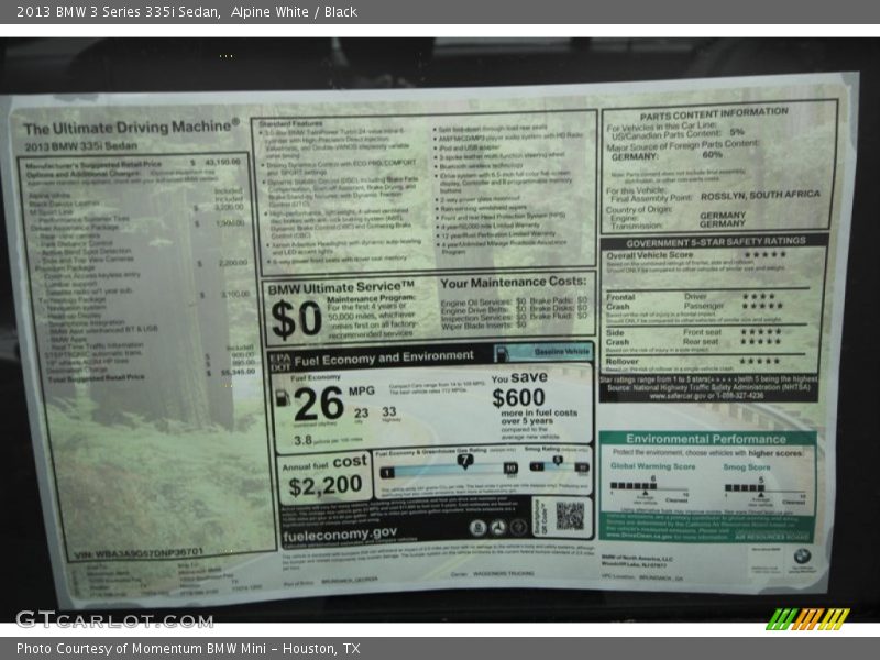  2013 3 Series 335i Sedan Window Sticker