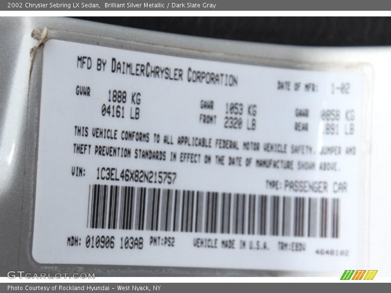Brilliant Silver Metallic / Dark Slate Gray 2002 Chrysler Sebring LX Sedan