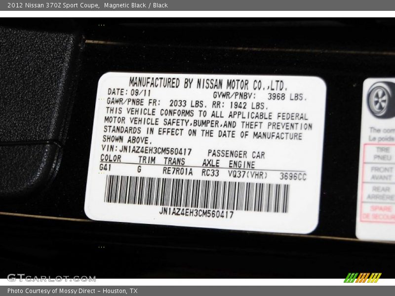Magnetic Black / Black 2012 Nissan 370Z Sport Coupe