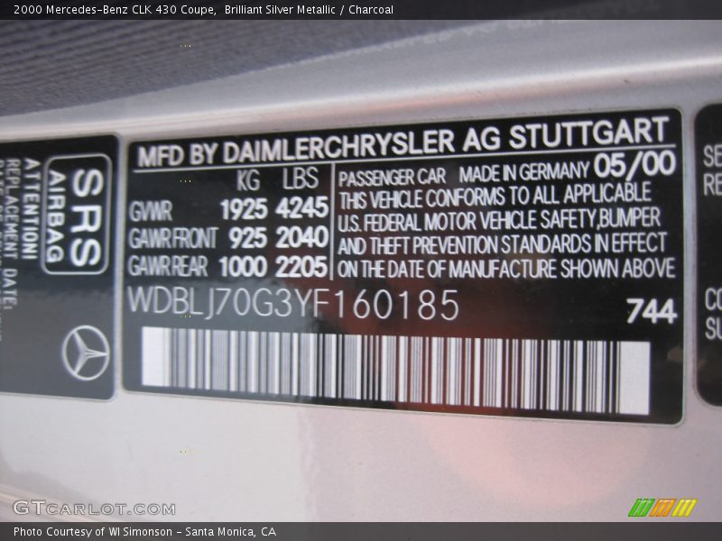 Brilliant Silver Metallic / Charcoal 2000 Mercedes-Benz CLK 430 Coupe