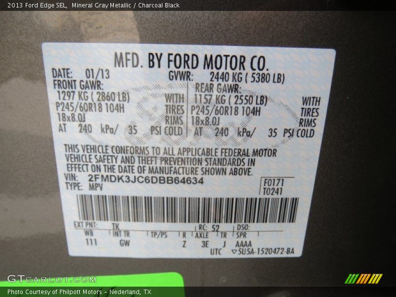 Mineral Gray Metallic / Charcoal Black 2013 Ford Edge SEL