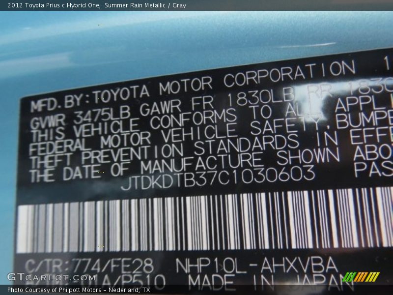 2012 Prius c Hybrid One Summer Rain Metallic Color Code 774