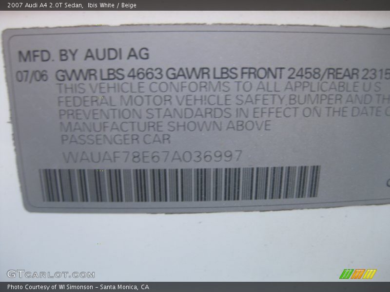 Ibis White / Beige 2007 Audi A4 2.0T Sedan
