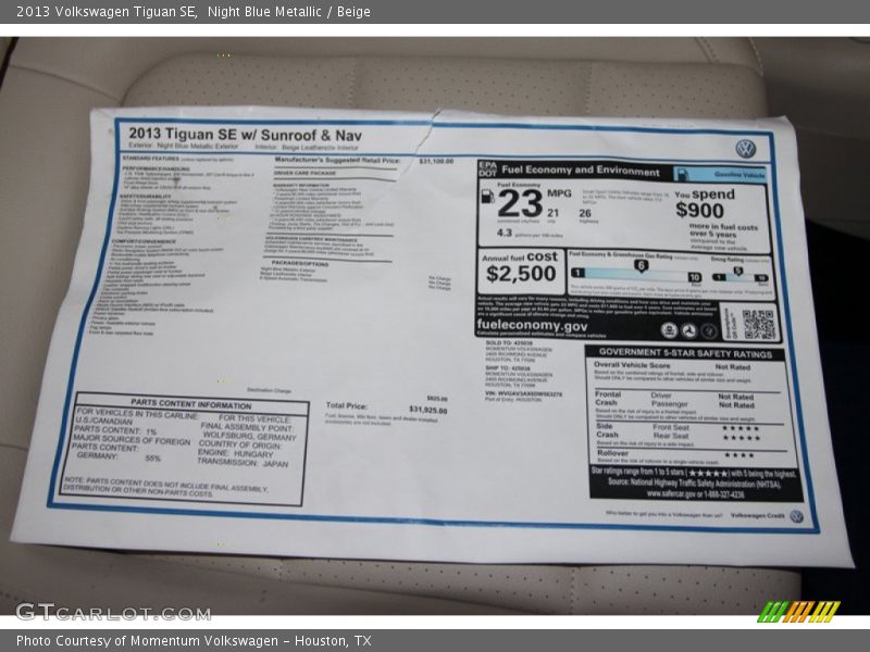 Night Blue Metallic / Beige 2013 Volkswagen Tiguan SE