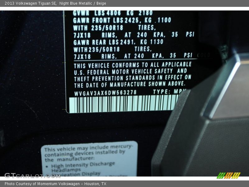 Night Blue Metallic / Beige 2013 Volkswagen Tiguan SE