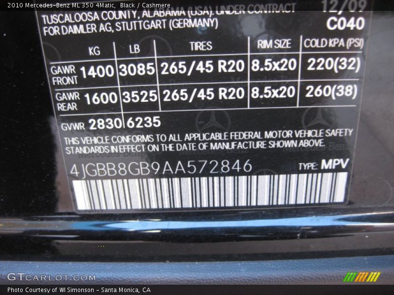 Black / Cashmere 2010 Mercedes-Benz ML 350 4Matic