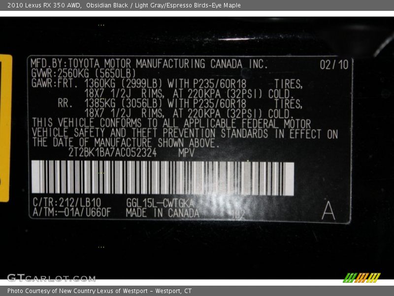 Obsidian Black / Light Gray/Espresso Birds-Eye Maple 2010 Lexus RX 350 AWD