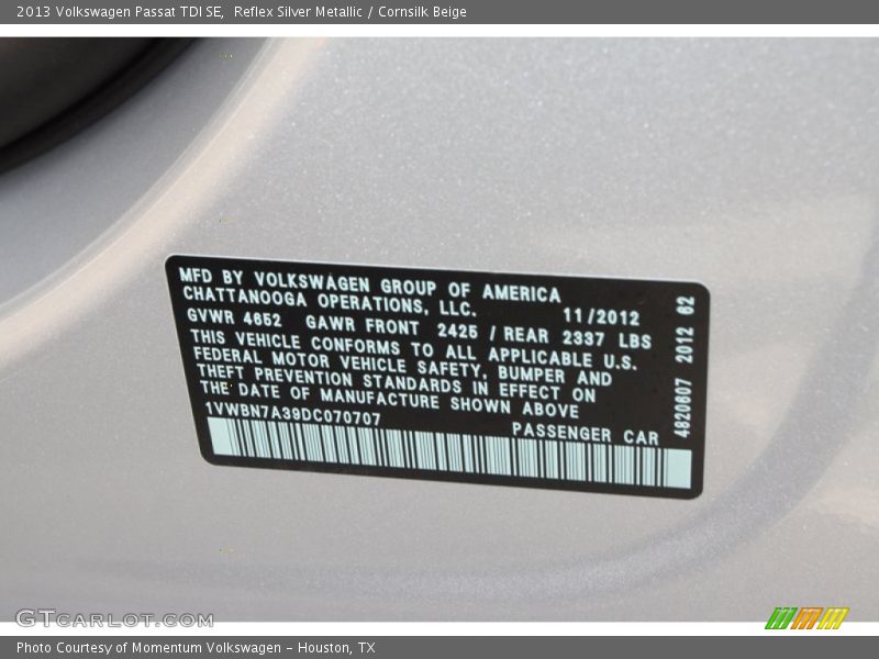 Reflex Silver Metallic / Cornsilk Beige 2013 Volkswagen Passat TDI SE