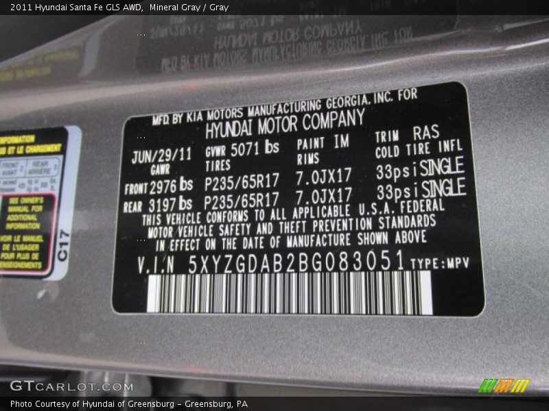 Mineral Gray / Gray 2011 Hyundai Santa Fe GLS AWD