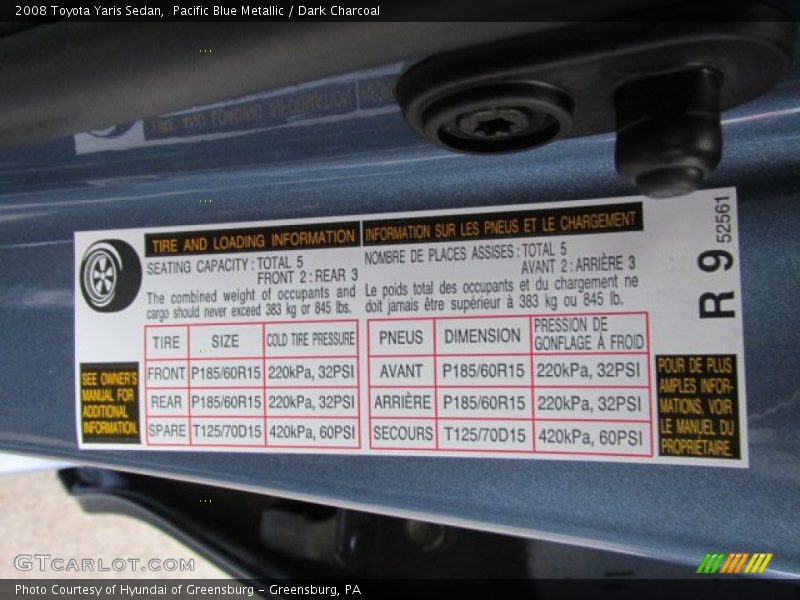 Info Tag of 2008 Yaris Sedan