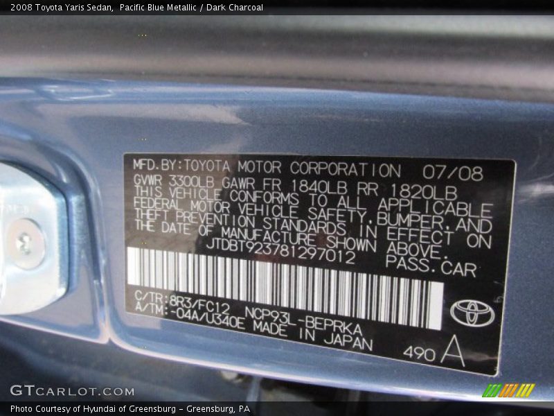 2008 Yaris Sedan Pacific Blue Metallic Color Code 8R3