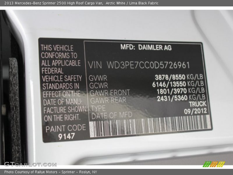 Arctic White / Lima Black Fabric 2013 Mercedes-Benz Sprinter 2500 High Roof Cargo Van