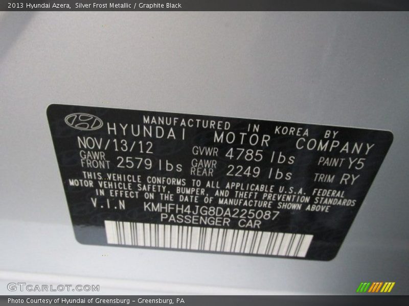 Silver Frost Metallic / Graphite Black 2013 Hyundai Azera