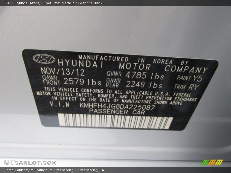 Silver Frost Metallic / Graphite Black 2013 Hyundai Azera
