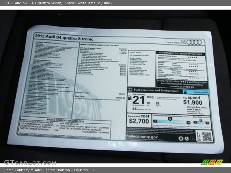  2013 S4 3.0T quattro Sedan Window Sticker
