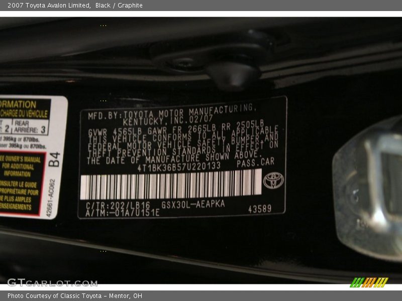 Black / Graphite 2007 Toyota Avalon Limited