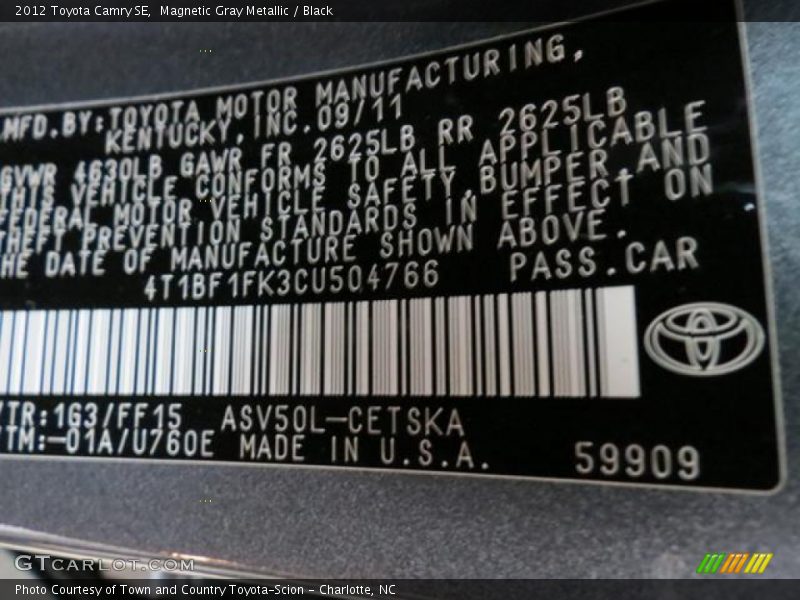 Magnetic Gray Metallic / Black 2012 Toyota Camry SE
