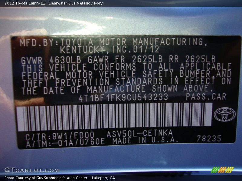 Clearwater Blue Metallic / Ivory 2012 Toyota Camry LE