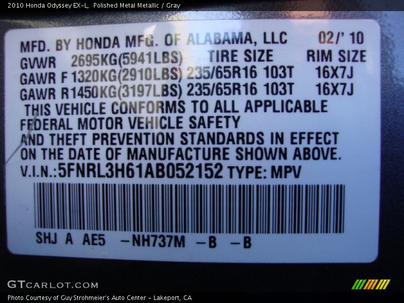 Polished Metal Metallic / Gray 2010 Honda Odyssey EX-L